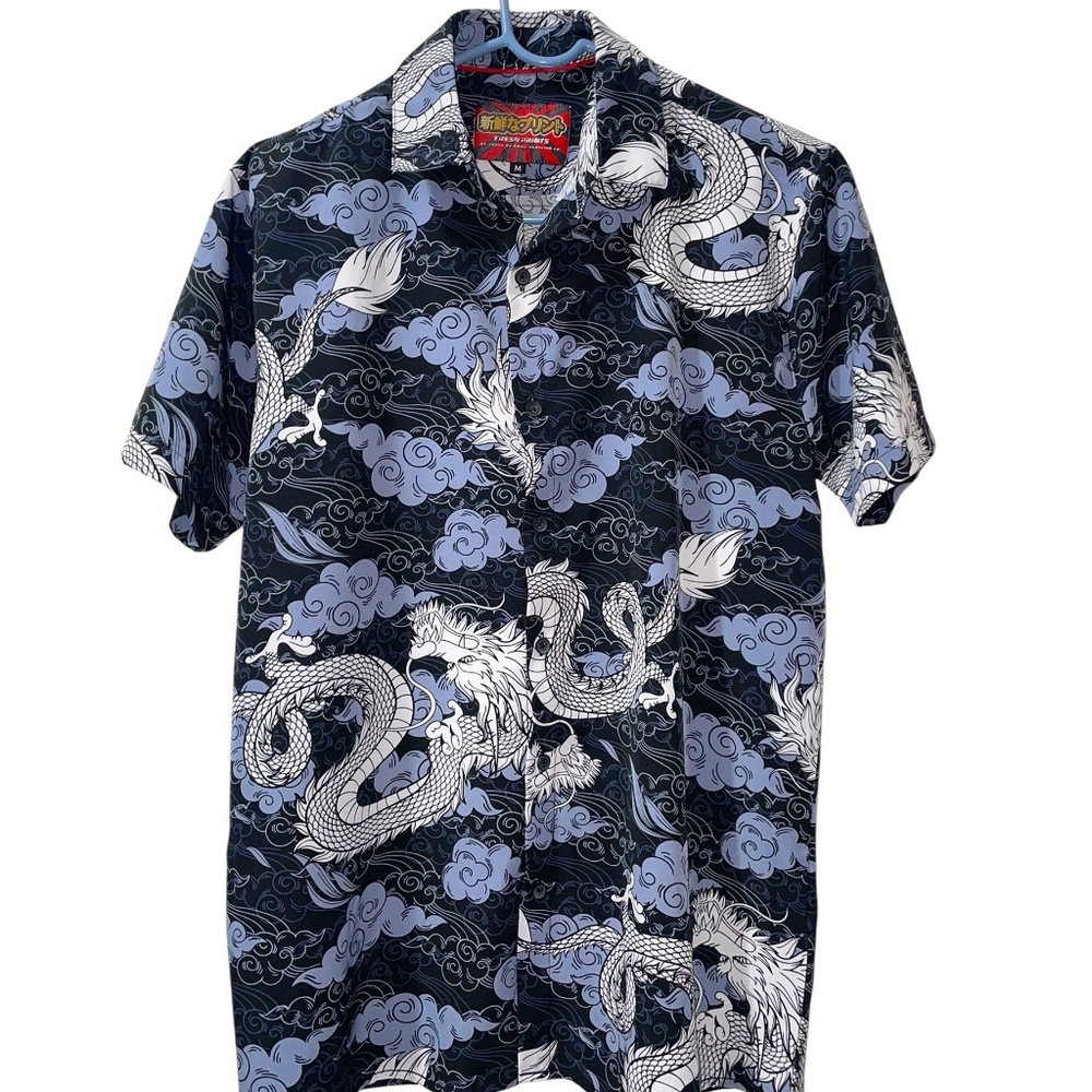 Men's Fresh Prints Tokyo‎ Drill Clothing Short Sleeve Dragon All Over Shirt Sz M